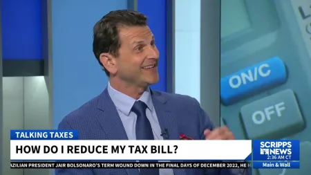 TV news anchor discussing strategies to reduce tax bills on Scripps News segment.