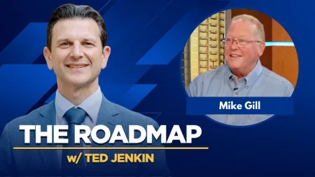 Podcast cover of The Roadmap with Ted Jenkin and guest Mike Gill against a blue background.