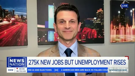 News anchor reporting on 275,000 new jobs but rising unemployment with cityscape backdrop.