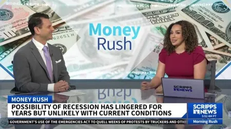 News anchors discuss recession possibilities on Money Rush segment with dollar bills background