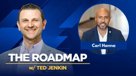 Smiling Ted Jenkin and Carl Hanna featured in The Roadmap podcast promotional image with blue geometric background.