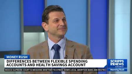 Man in brown plaid jacket discusses flexible spending and health savings accounts on Scripps News Morning Rush.