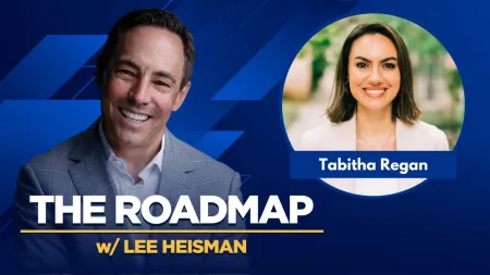 Smiling man and woman with text The Roadmap w/ Lee Heisman and Tabitha Regan on blue background