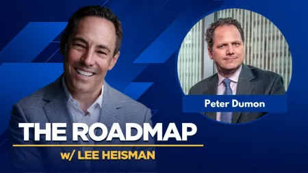 Host Lee Heisman and guest Peter Dumon featured in The Roadmap podcast promotional banner with blue geometric background.