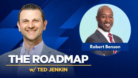 Smiling Ted Jenkin and Robert Benson on blue background with text The Roadmap w Ted Jenkin