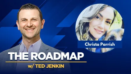 Smiling man in suit and woman with dog pictured in interview-style graphic for The Roadmap with Ted Jenkin podcast.