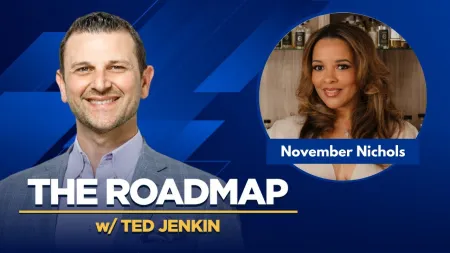 Smiling Ted Jenkin and inset of November Nichols on blue background with The Roadmap podcast title