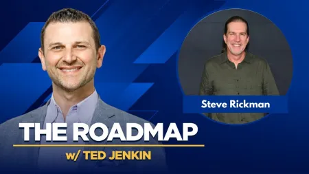 Smiling Ted Jenkin and Steve Rickman on blue background with text The Roadmap podcast title.