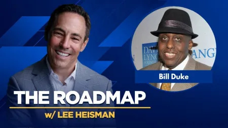 The Roadmap podcast banner with host Lee Heisman and guest Bill Duke on blue background.