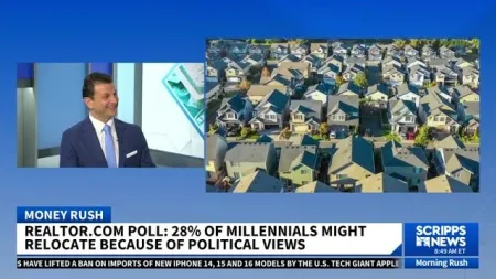 News segment showing a man in a suit and aerial view of suburban houses about millennials relocating due to politics.