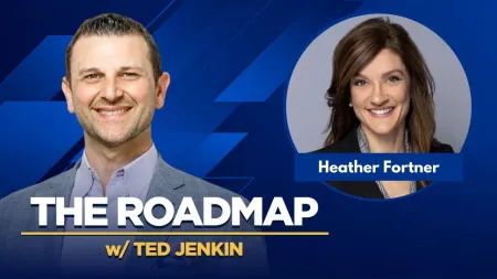 Smiling Ted Jenkin and inset photo of Heather Fortner on blue background with The Roadmap podcast branding.