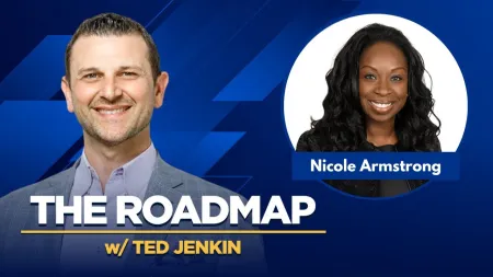 Host Ted Jenkin and guest Nicole Armstrong on The Roadmap podcast blue background design.