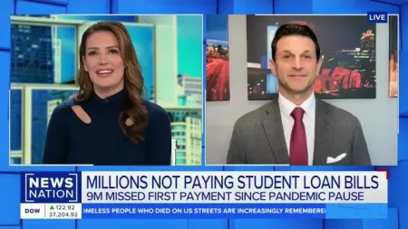 News Nation broadcast showing two anchors discussing millions missing first student loan payments since pandemic pause.