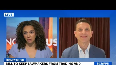 News anchors discuss bill to prevent lawmakers from trading stocks live on Scripps News at 7:47 AM.