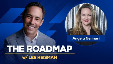 Smiling man in gray suit with text The Roadmap w Lee Heisman and a woman Angela Gennari portrait in blue graphic