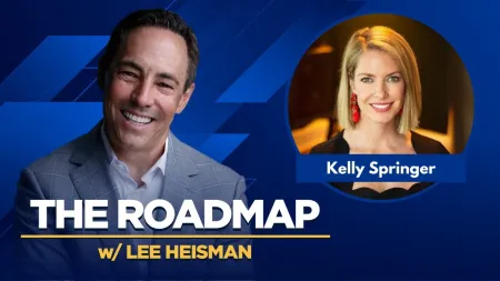 Hosts Lee Heisman and Kelly Springer featured in a blue-themed podcast graphic for The Roadmap show.