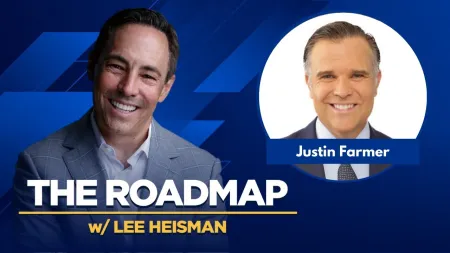 Smiling Lee Heisman and Justin Farmer on blue background with text The Roadmap w Lee Heisman