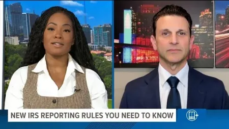 Two news anchors discussing new IRS reporting rules on a split-screen during a televised news segment.