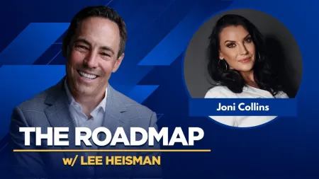 The Roadmap podcast banner featuring host Lee Heisman and guest Joni Collins with blue geometric background.
