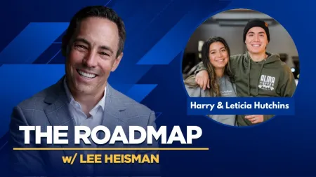 Smiling man in suit with circular photo of Harry and Leticia Hutchins on blue background, The Roadmap with Lee Heisman