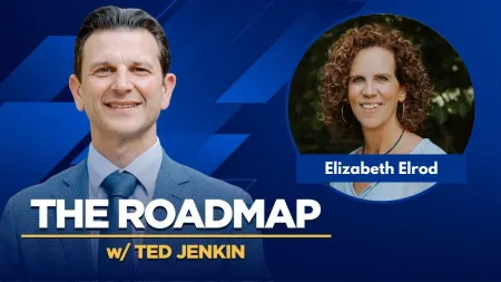 The Roadmap podcast with Ted Jenkin and guest Elizabeth Elrod, featuring professional headshots and blue background.