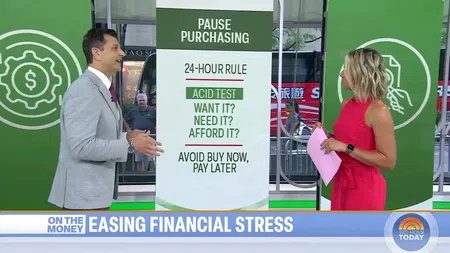 Two TV hosts discuss financial tips on pausing purchasing and the 24-hour rule to ease financial stress.