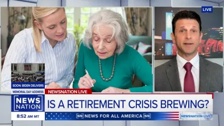 NewsNation live broadcast discussing potential retirement crisis with elderly woman and reporter in studio.