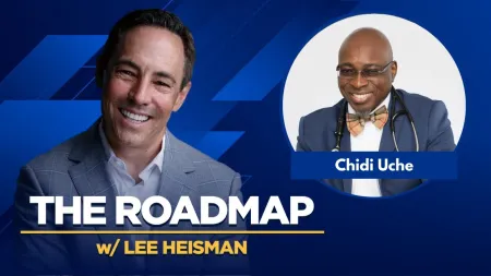 The Roadmap podcast with Lee Heisman and guest Chidi Uche on blue geometric background.