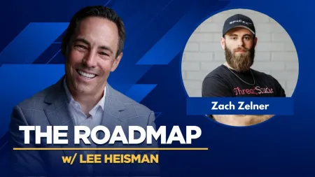 Podcast cover featuring Lee Heisman smiling and guest Zach Zelner with a blue geometric background