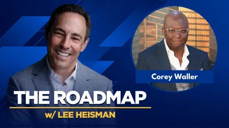 Podcast cover featuring hosts Lee Heisman and Corey Waller with blue geometric background and bold text.