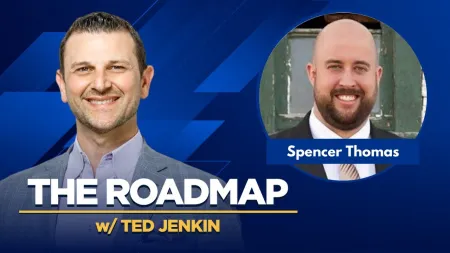 Portraits of Ted Jenkin and Spencer Thomas with text The Roadmap podcast episode cover on blue background