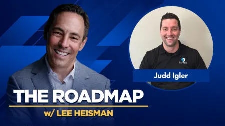 Business podcast cover featuring Lee Heisman and Judd Igler on a blue geometric background