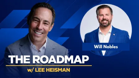 Podcast banner featuring Lee Heisman and Will Nobles with blue geometric background and bold white text.