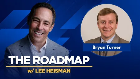 Smiling hosts Lee Heisman and Bryan Turner on The Roadmap podcast blue background promotional image.