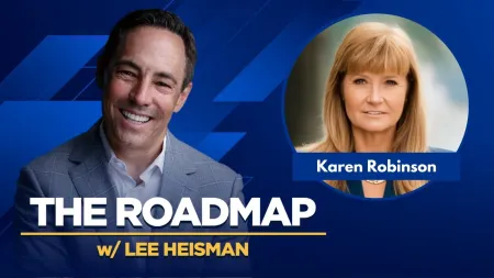 Host Lee Heisman smiling with a portrait of guest Karen Robinson on a blue backdrop for The Roadmap podcast.