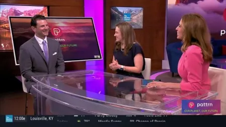 Three TV hosts in a studio discussing environment with Pattrn app logo and Our Planet Our Future slogan