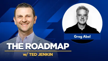 Ted Jenkin smiling on blue background with Greg Abel's black and white portrait for The Roadmap podcast title.