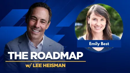 Smiling man in a gray suit and woman named Emily Best on a blue background with The Roadmap podcast text.