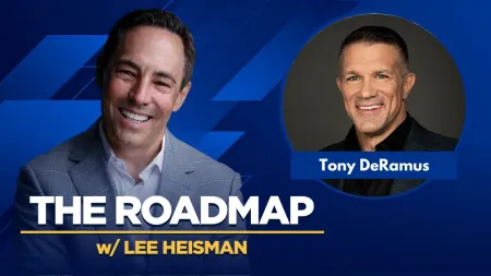 Podcast banner featuring Lee Heisman and Tony DeRamus with blue geometric background and bold text.