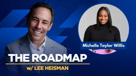 Podcast promotional image featuring Lee Heisman and guest Michelle Taylor Willis on a blue geometric background.