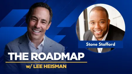 Podcast cover featuring Lee Heisman smiling with Stone Stafford's photo in a circular frame on blue background