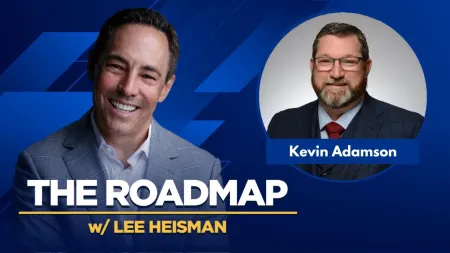 Podcast cover featuring Lee Heisman and guest Kevin Adamson with blue geometric background