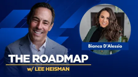Smiling Lee Heisman and Bianca D'Alessio featured on The Roadmap podcast cover with bold text on blue background.