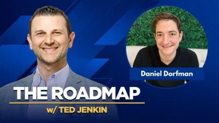 Podcast cover for The Roadmap with Ted Jenkin featuring Daniel Dorfman against a blue geometric background.