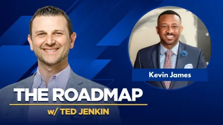 Podcast cover for The Roadmap with Ted Jenkin featuring guest Kevin James on a blue geometric background.