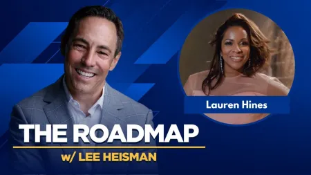Smiling Lee Heisman and Lauren Hines featured on blue graphic for The Roadmap podcast or show.