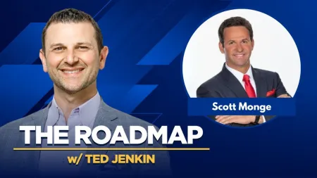 Portraits of Ted Jenkin and Scott Monge on a blue background with text The Roadmap podcast.