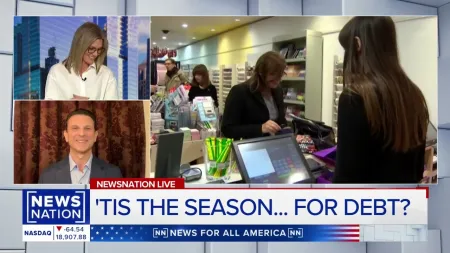 NewsNation Live segment discussing holiday season debt with hosts and shoppers at a checkout counter.