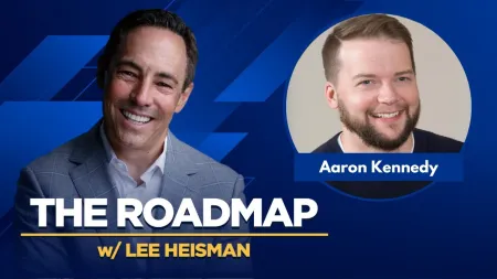 Podcast cover for The Roadmap with Lee Heisman featuring guest Aaron Kennedy on a blue geometric background.