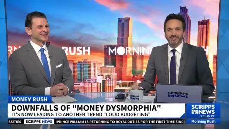 Two male news anchors discussing money dysmorphia on Morning Rush with cityscape background